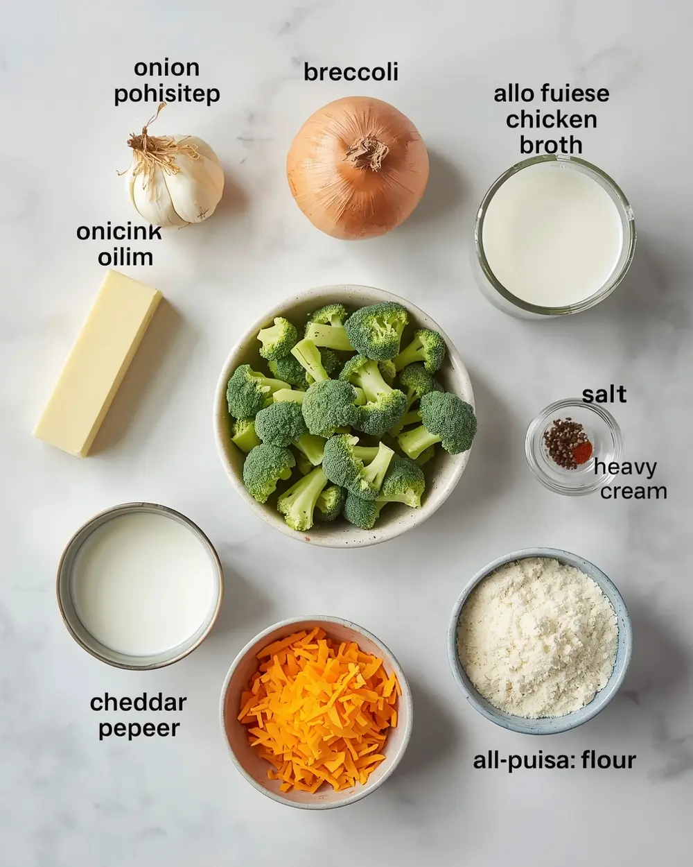 Ingredients for broccoli cheddar soup