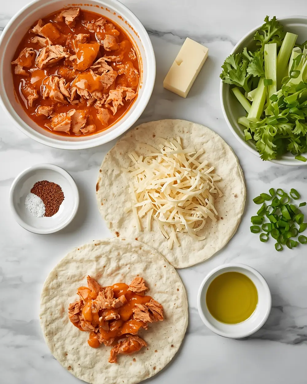 Ingredients for buffalo chicken wraps
