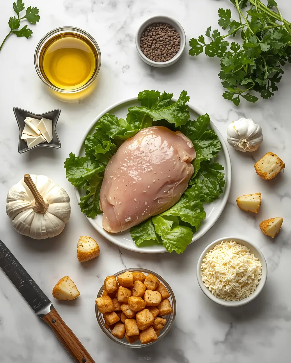 Ingredients for chicken Caesar salad