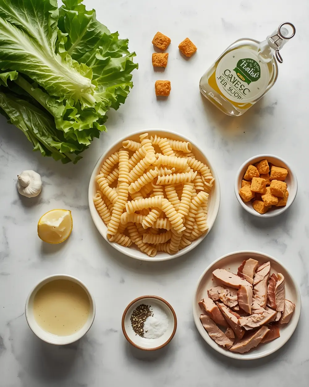 Ingredients for Caesar pasta salad
