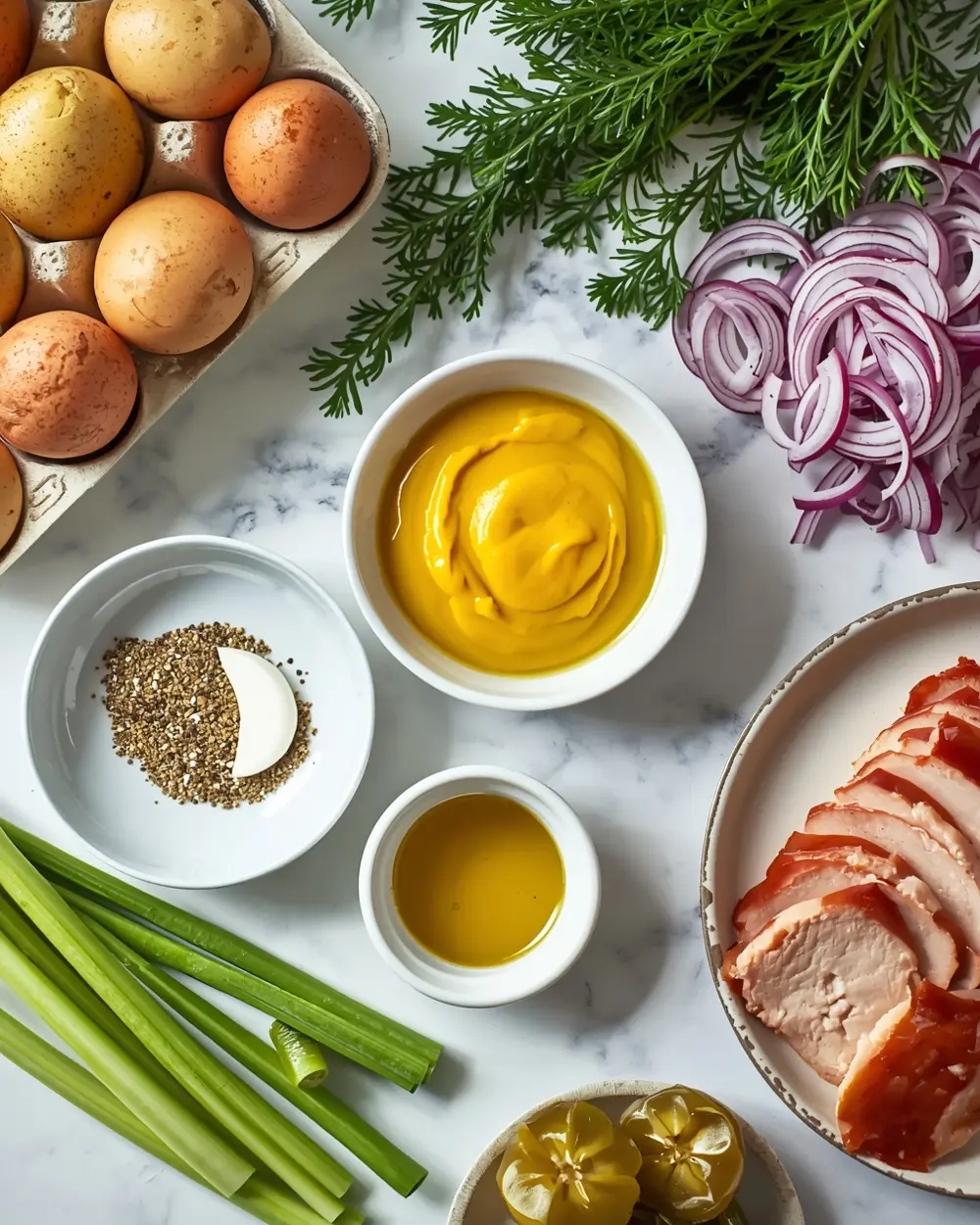 Ingredients for Easter deviled egg potato salad