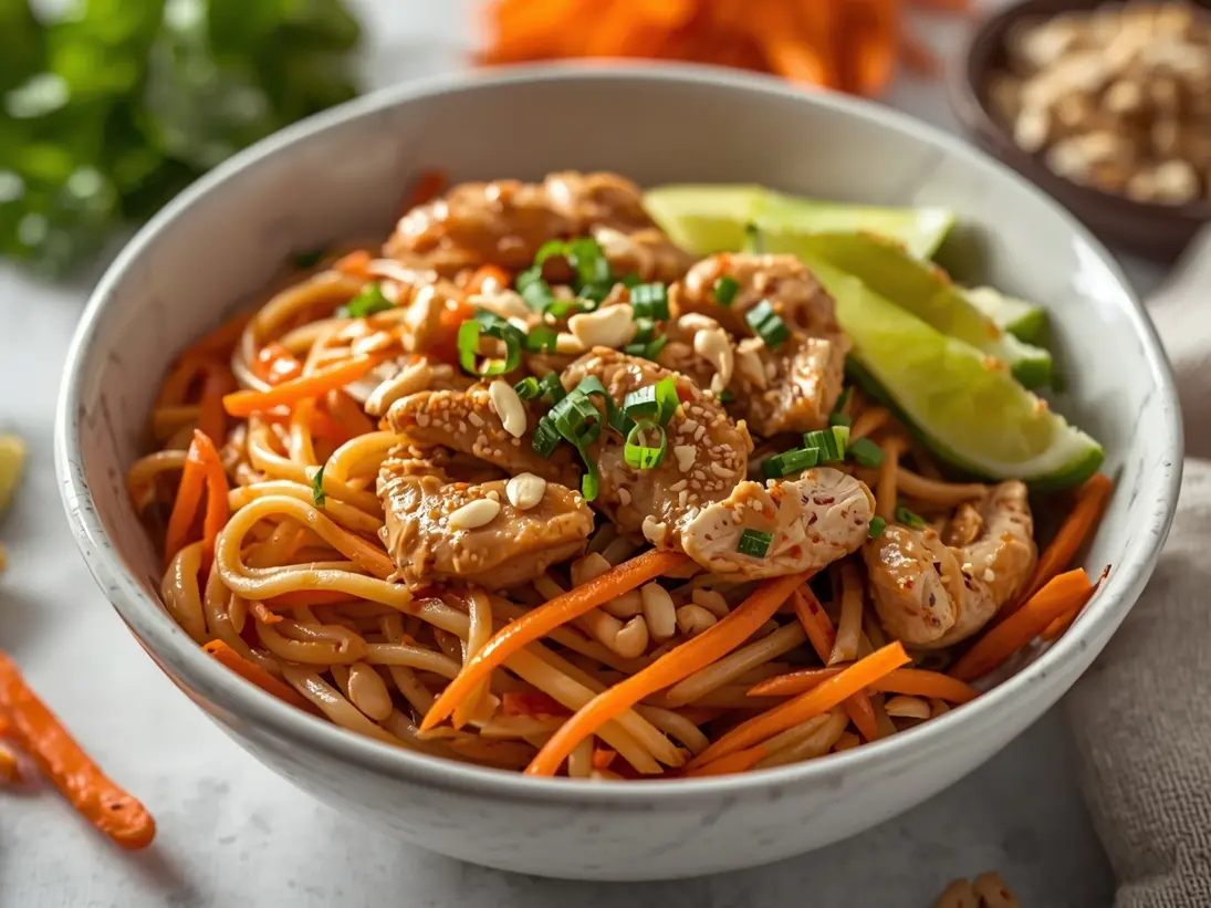 Thai peanut noodles ready to serve