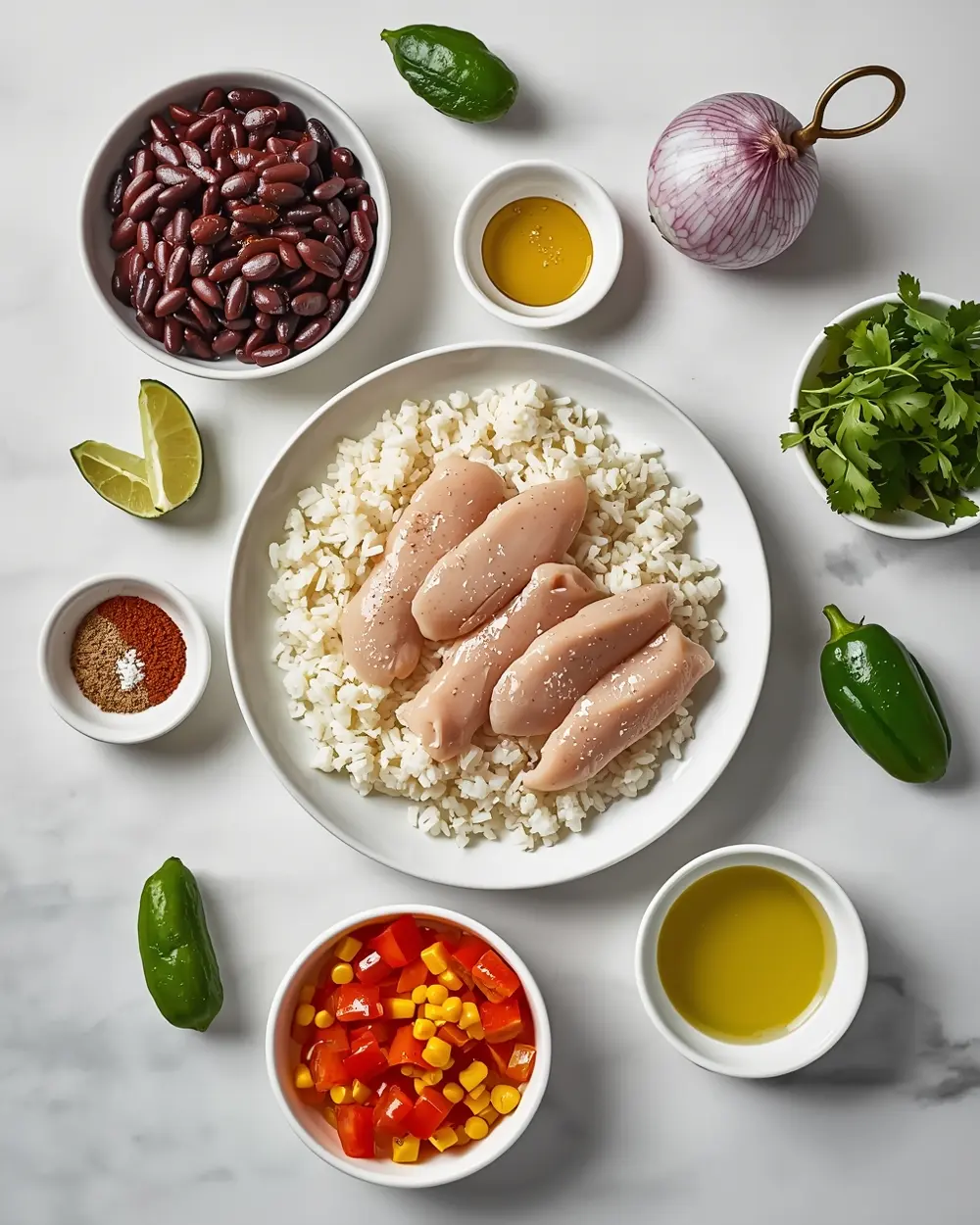 Ingredients for chicken burrito bowls
