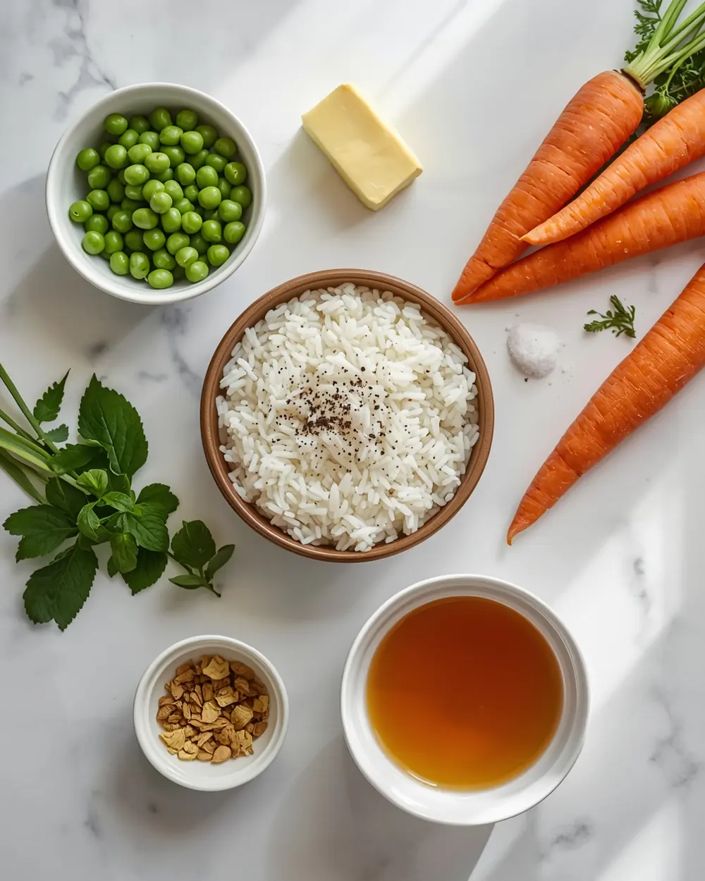 Ingredients for spring herb rice pilaf