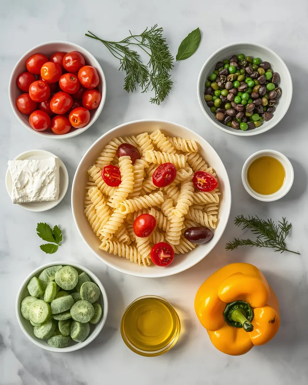 Ingredients for spring pasta salad