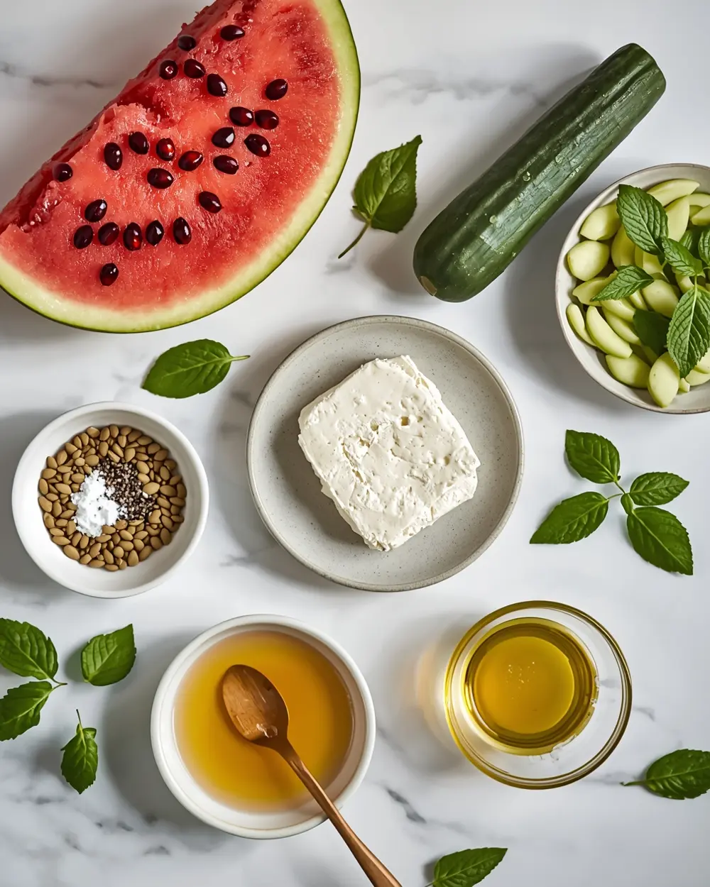 Ingredients for watermelon feta salad