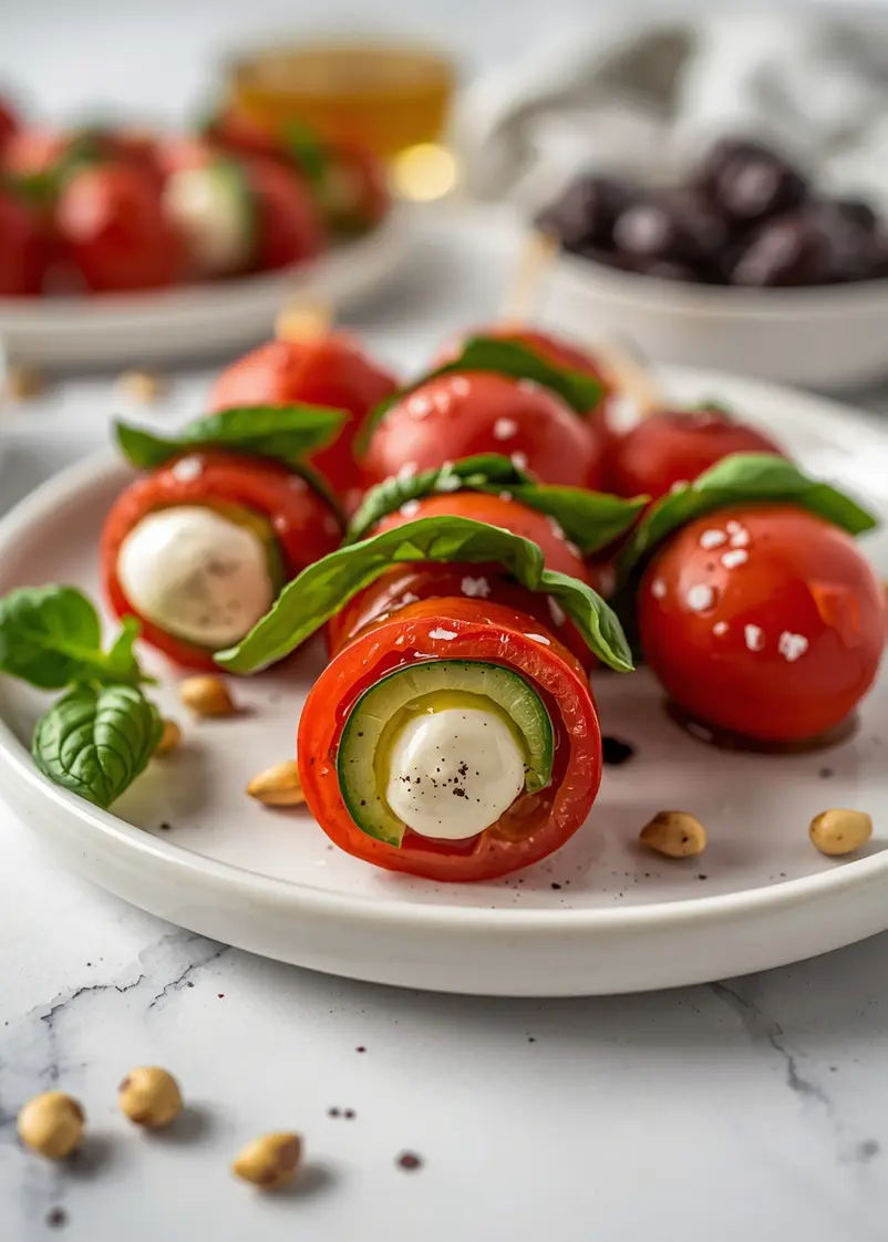 caprese skewers balsamic glaze ready to serve