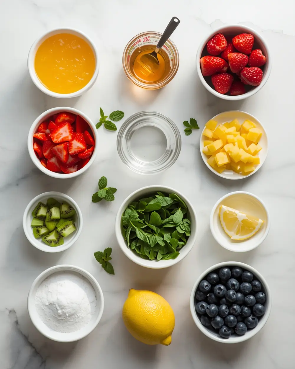 Ingredients for colorful frozen fruit punch pops