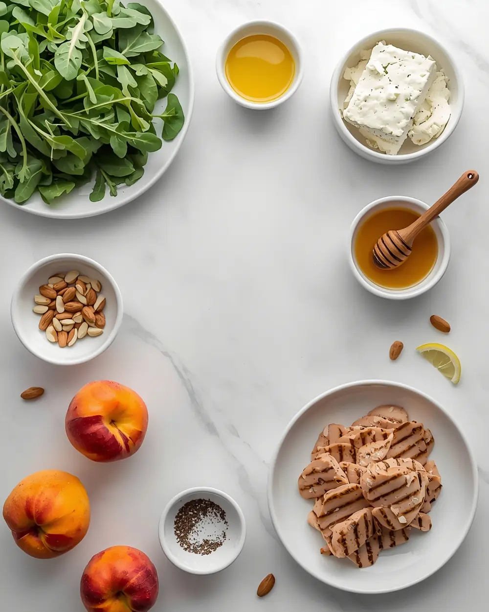 Ingredients for grilled peach arugula salad