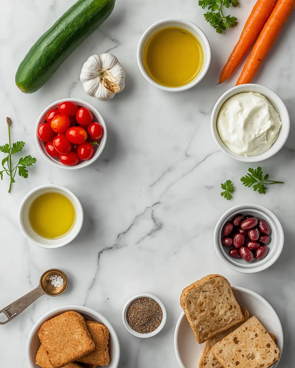 Ingredients for homemade tzatziki veggie platter