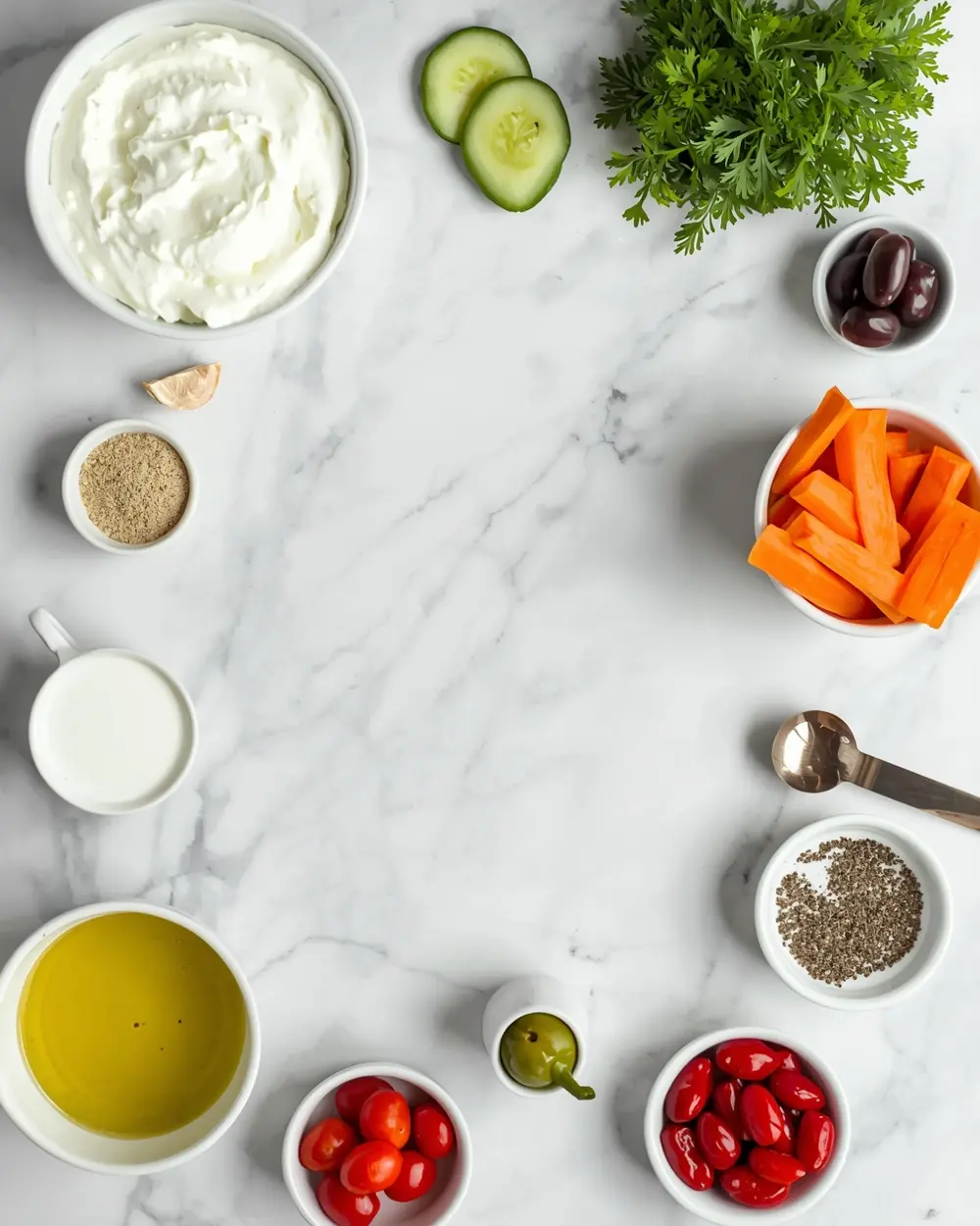 Ingredients for homemade tzatziki veggie platter