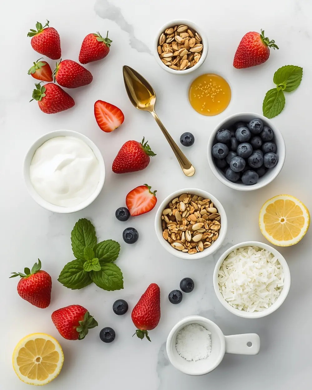 Ingredients for red white blue yogurt parfaits