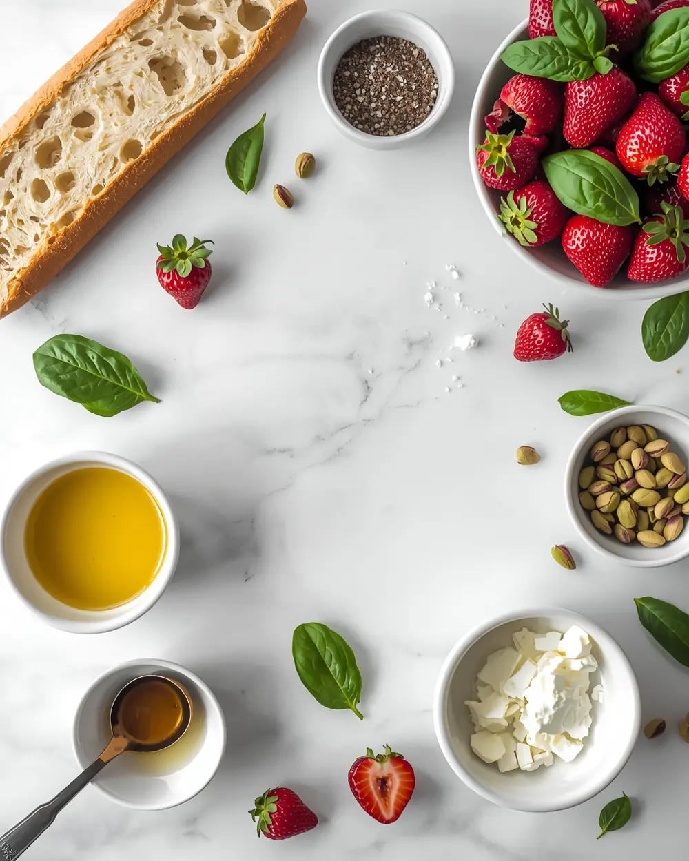 Ingredients for strawberry basil bruschetta