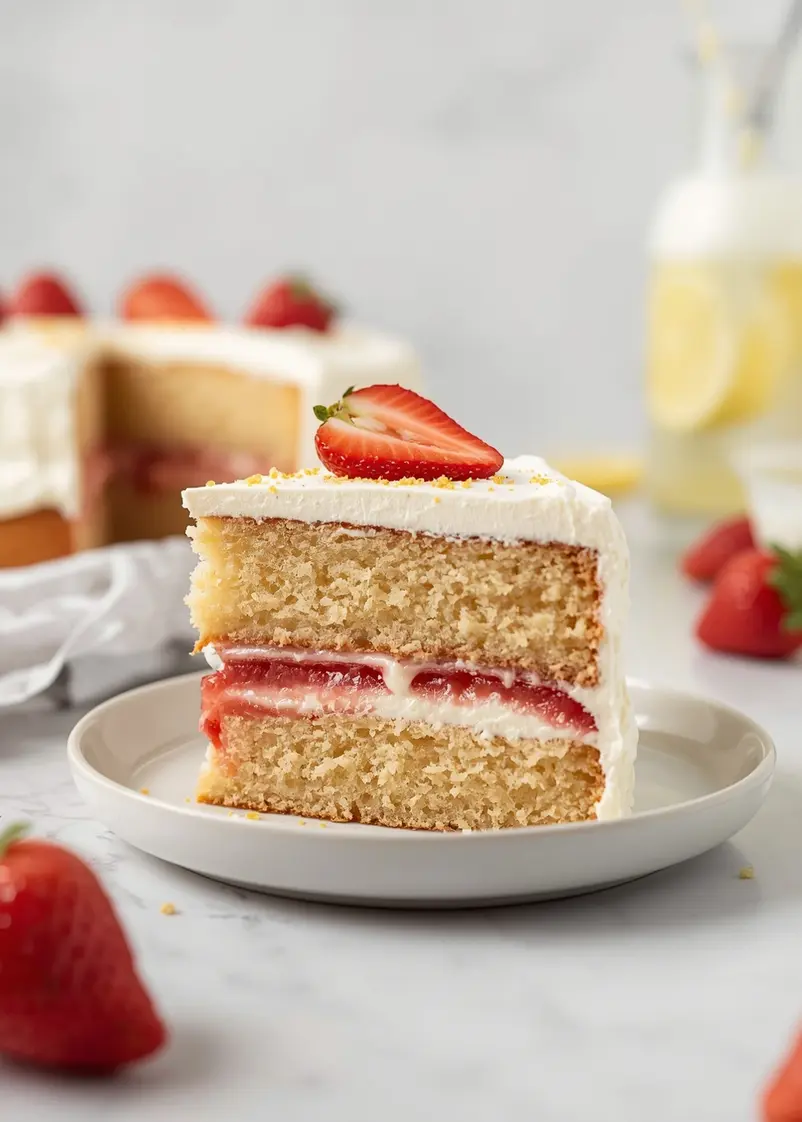 strawberry lemonade layer cake ready to serve