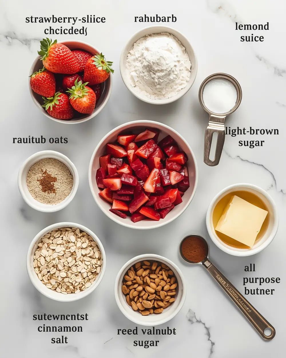 Ingredients for strawberry rhubarb crisp summer