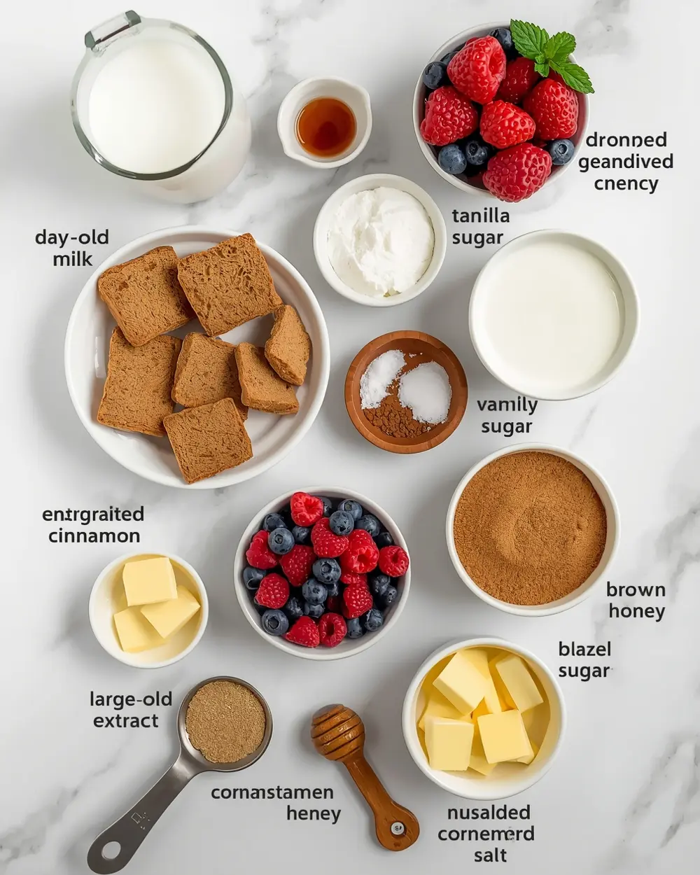 Ingredients for summer berry bread pudding