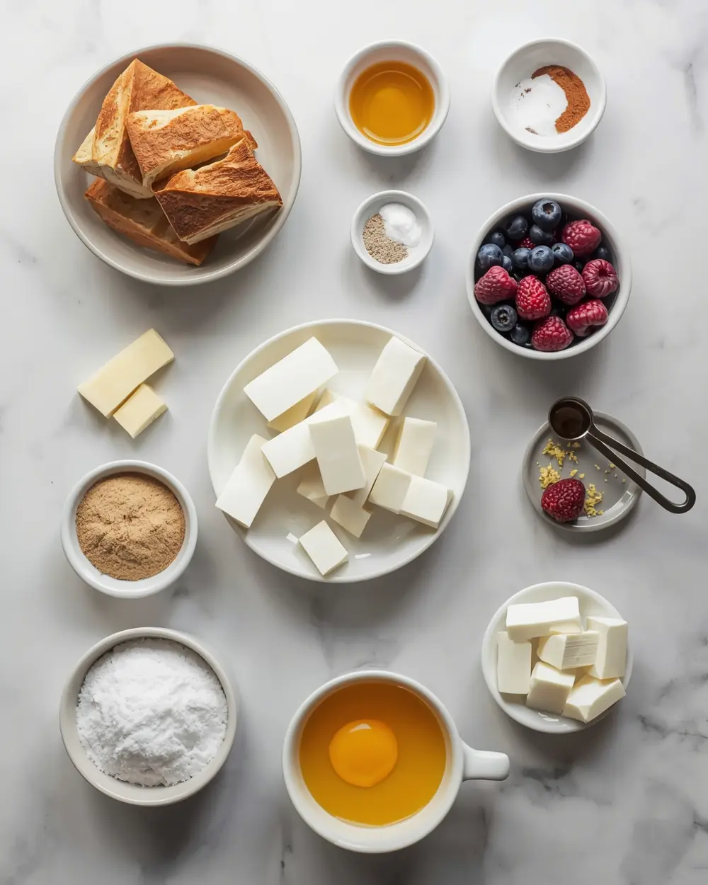 Ingredients for summer berry bread pudding