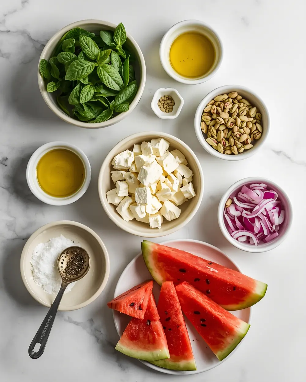 Ingredients for watermelon feta mint salad
