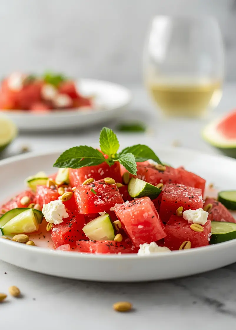 watermelon feta mint salad ready to serve