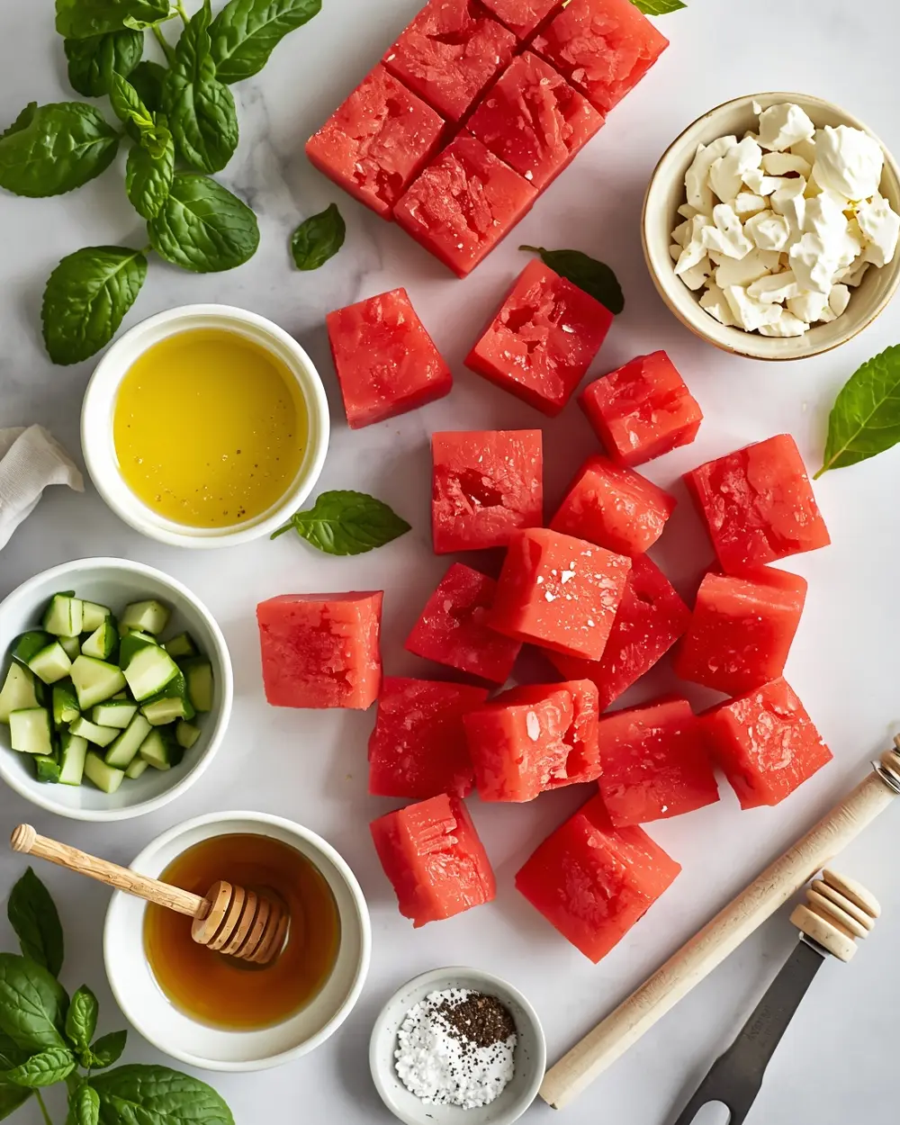 Ingredients for watermelon feta mint skewers