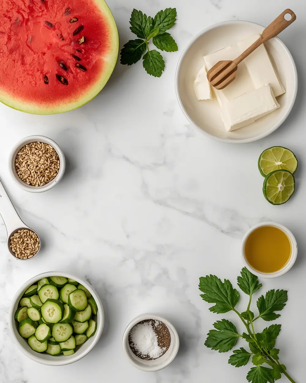 Ingredients for watermelon feta mint skewers