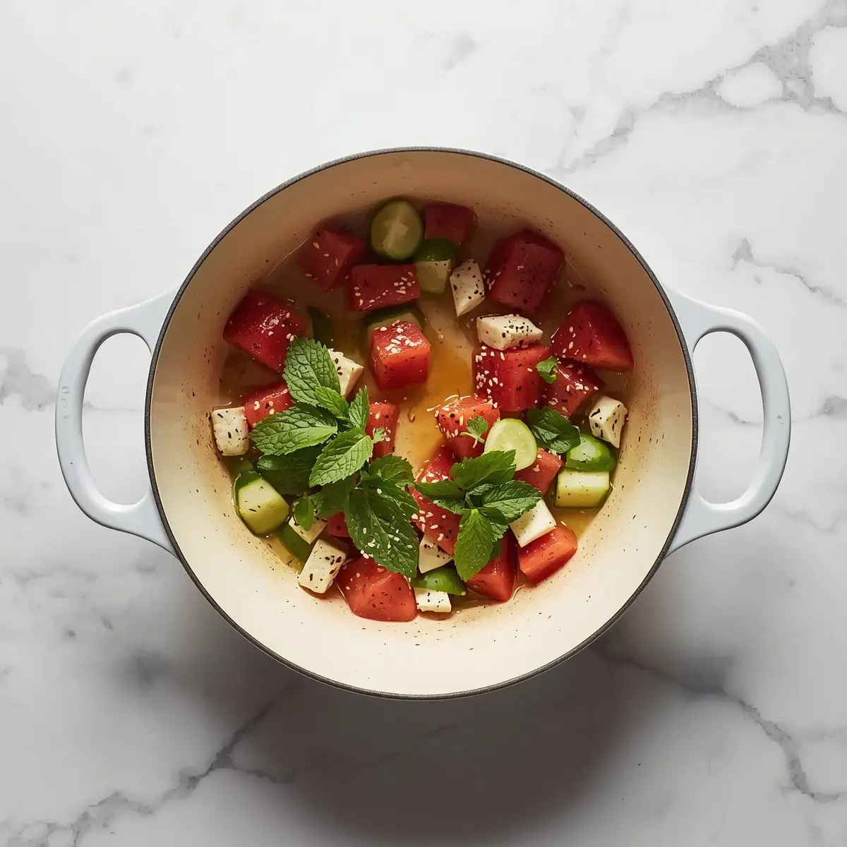 Cooking instructions for watermelon feta mint skewers