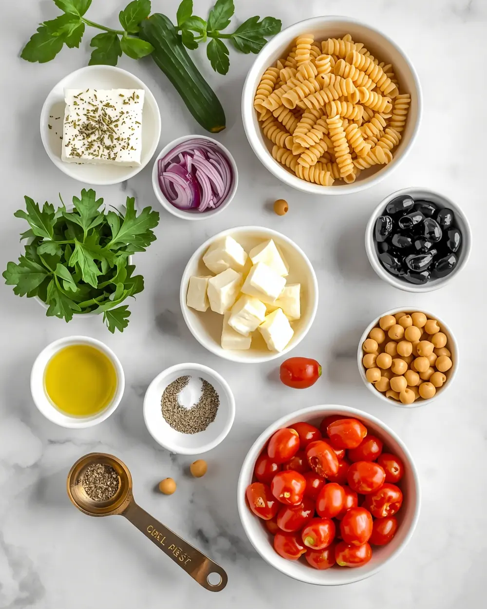 Ingredients for beautiful Greek pasta salad summer
