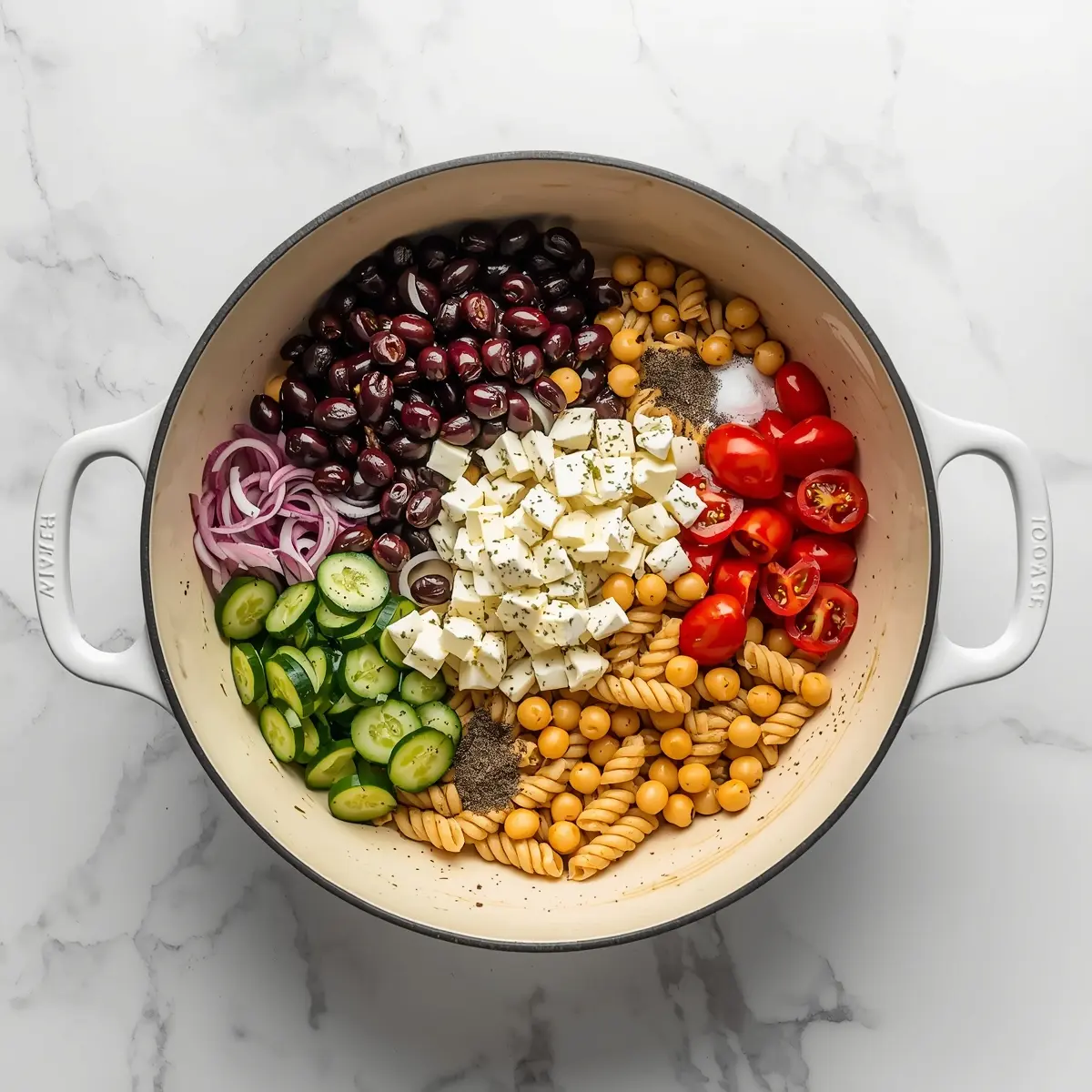 Cooking instructions for beautiful Greek pasta salad summer