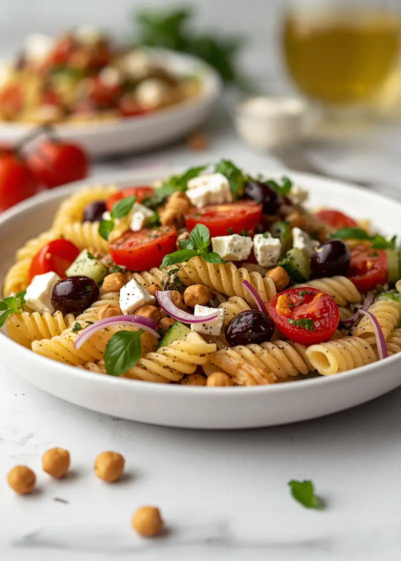 beautiful Greek pasta salad summer ready to serve
