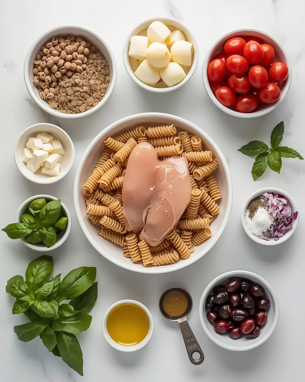 Ingredients for beautiful chicken pasta salad summer