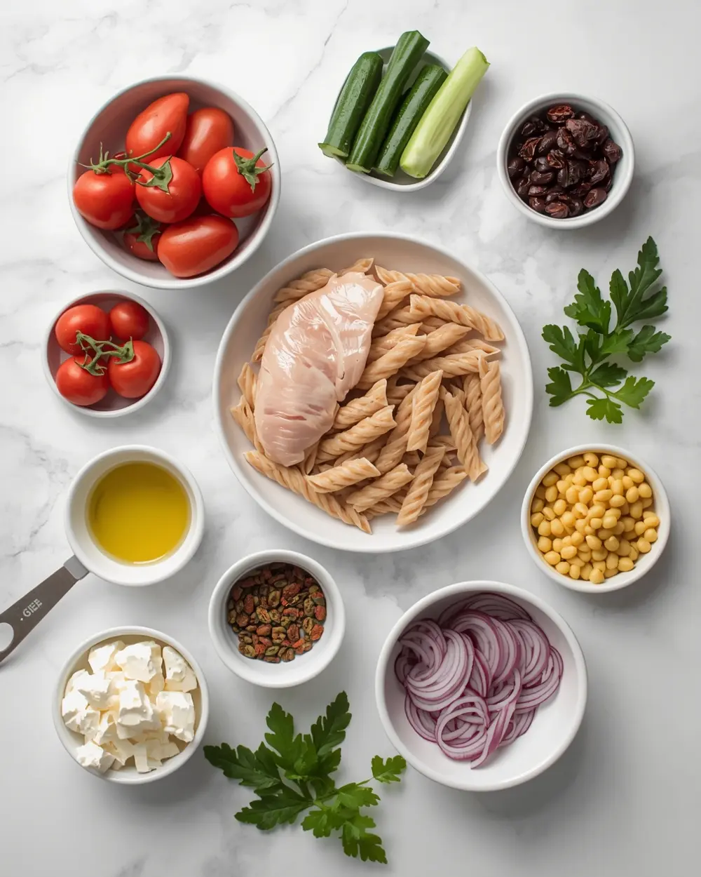 Ingredients for beautiful chicken pasta salad summer