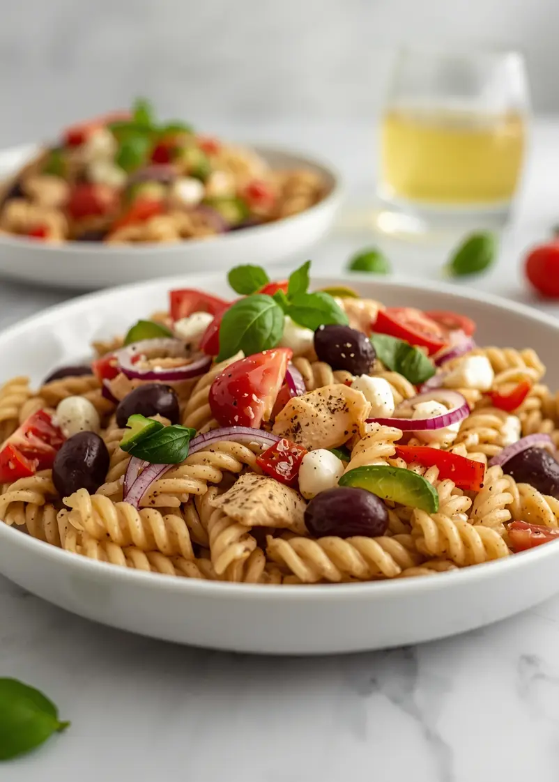 beautiful chicken pasta salad summer ready to serve