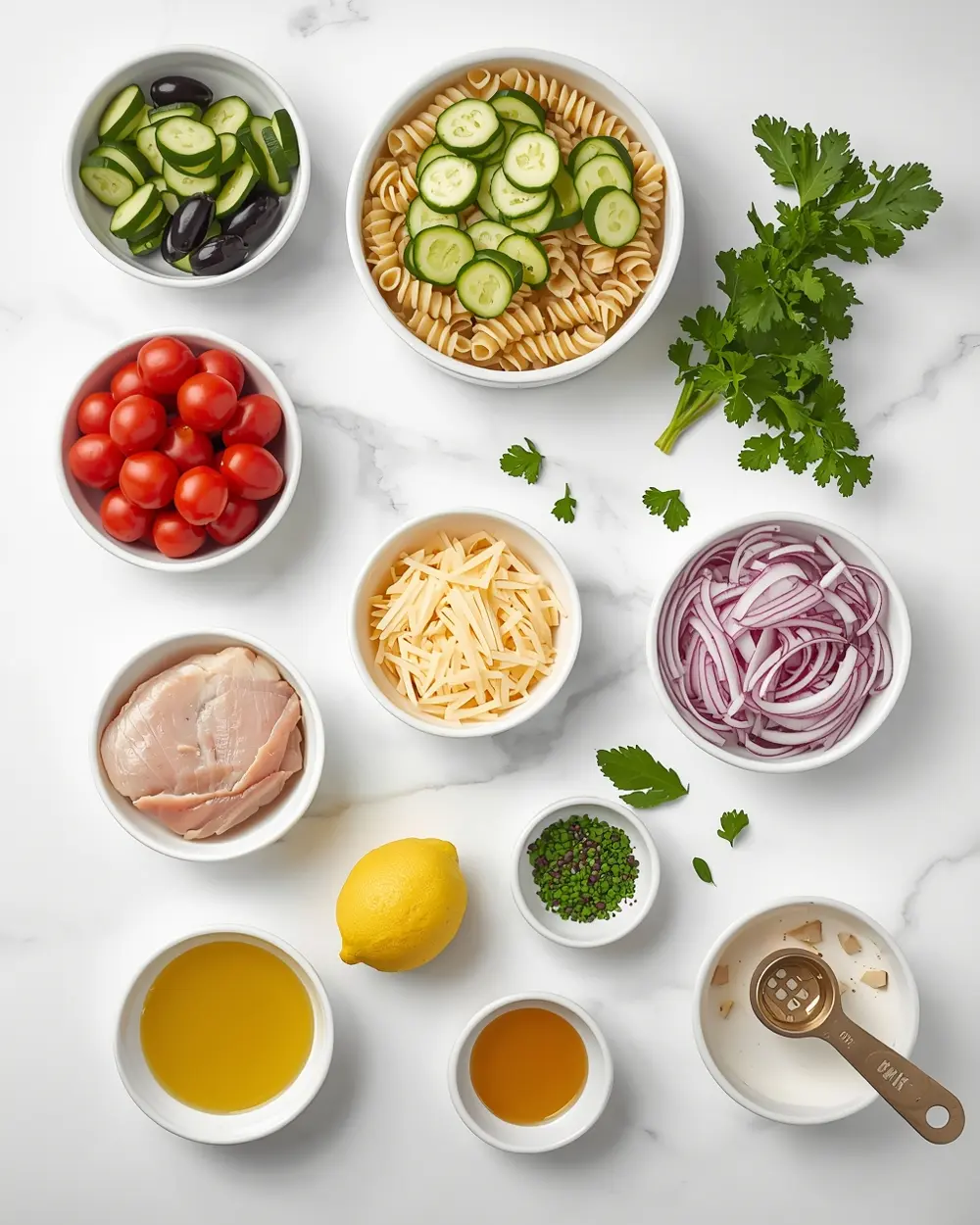 Ingredients for beautiful cold chicken pasta salad summer