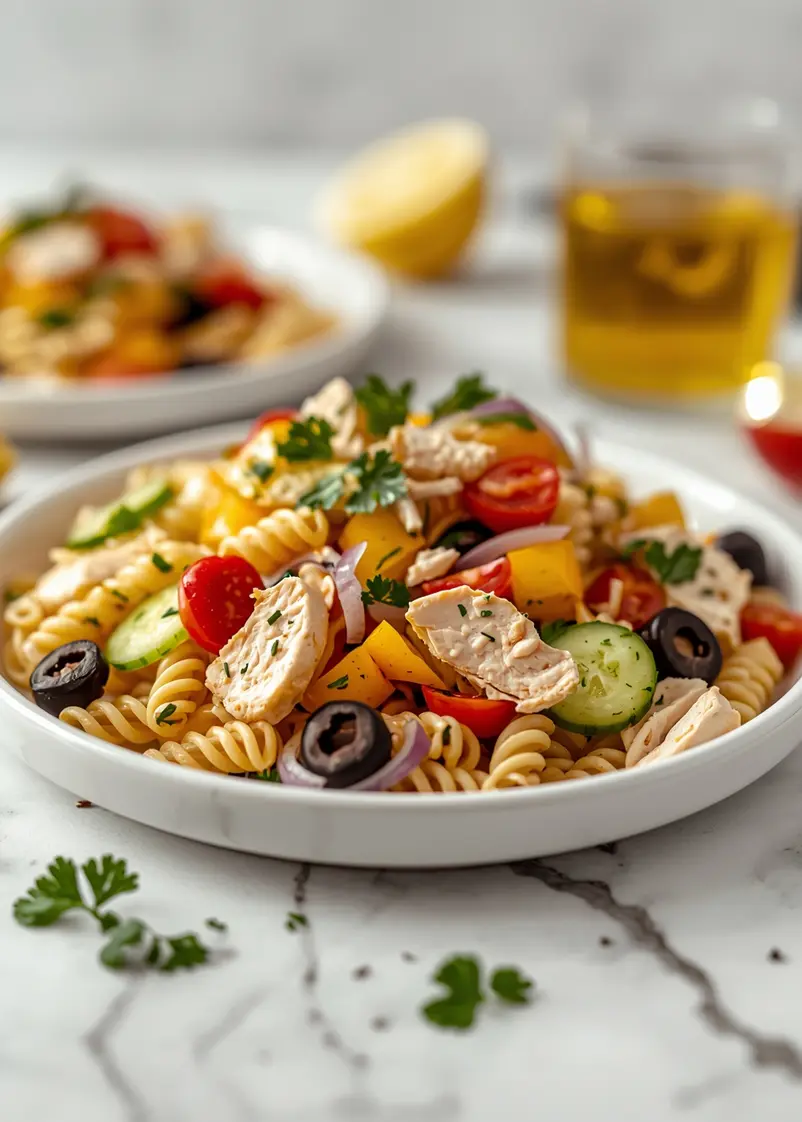 beautiful cold chicken pasta salad summer ready to serve