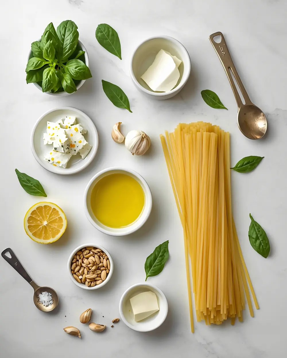 Ingredients for beautiful cold lemon pasta summer
