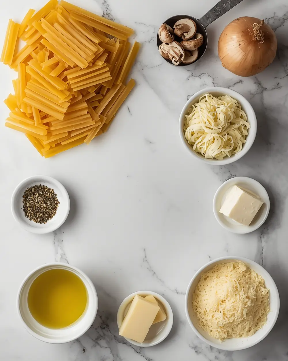 Ingredients for beautiful creamy mushroom pasta summer