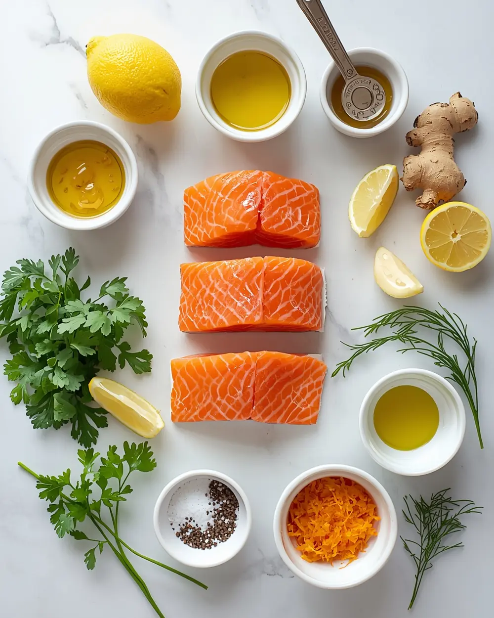Ingredients for beautiful grilled salmon marinade summer