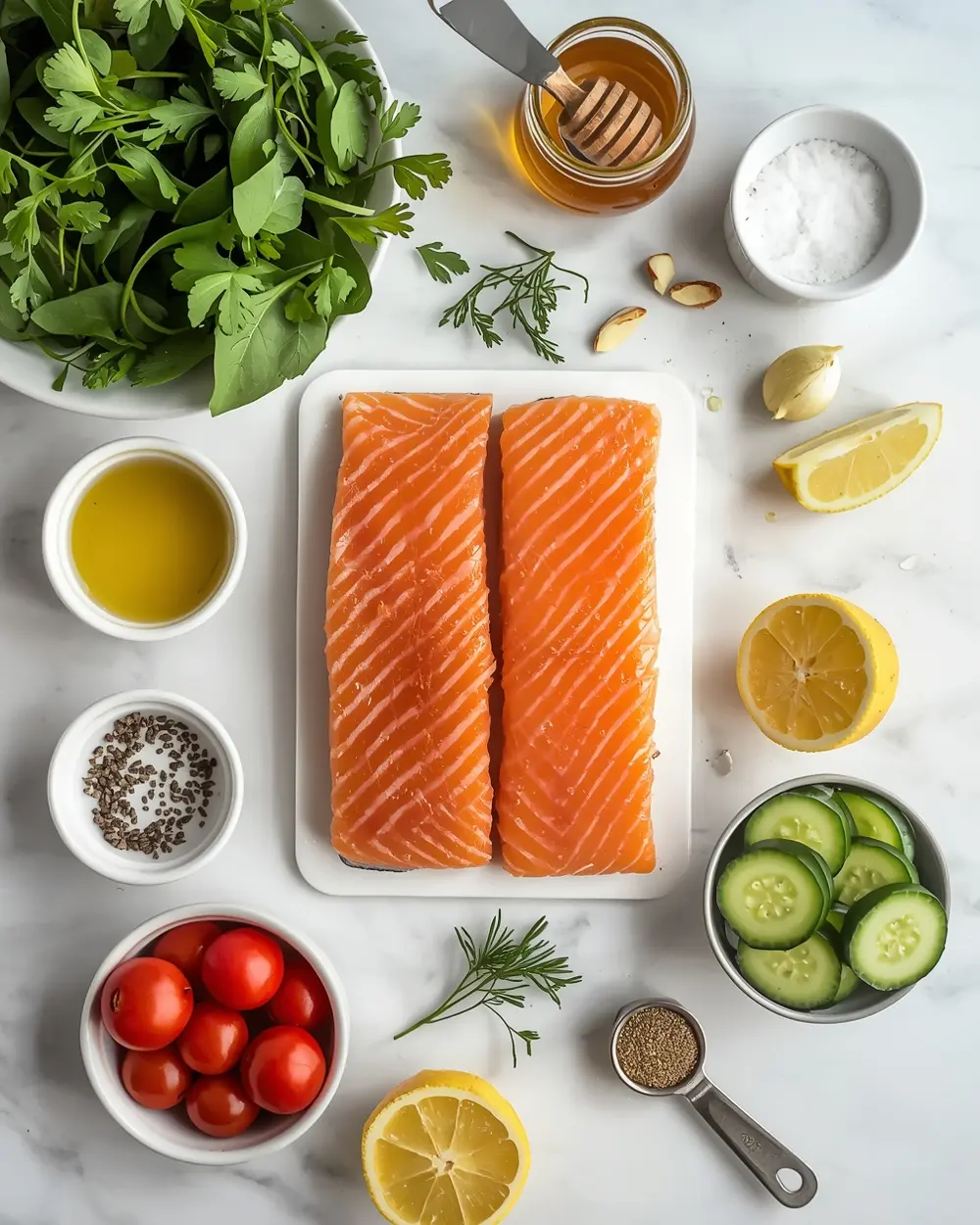 Ingredients for beautiful grilled salmon summer