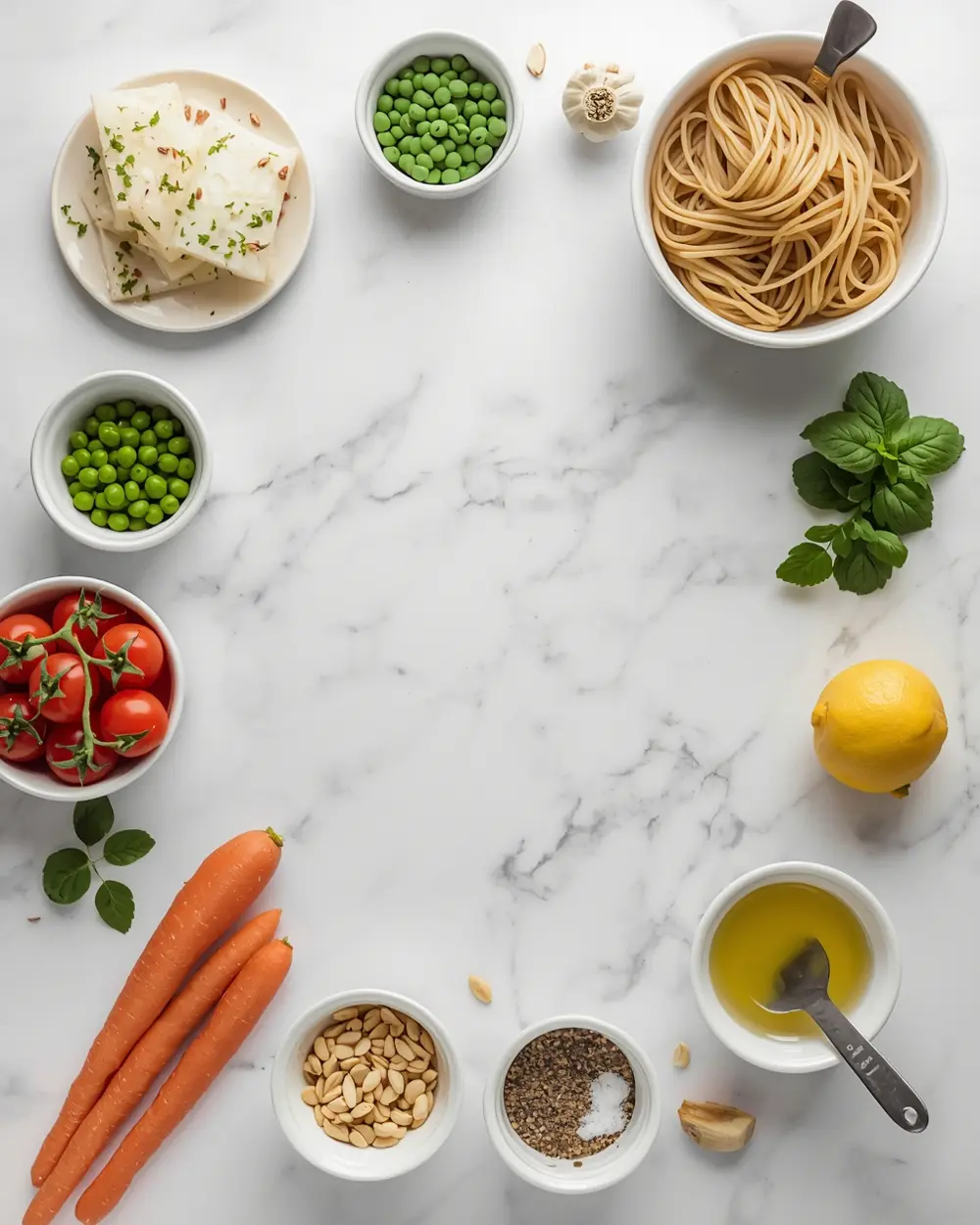 Ingredients for beautiful pasta primavera summer