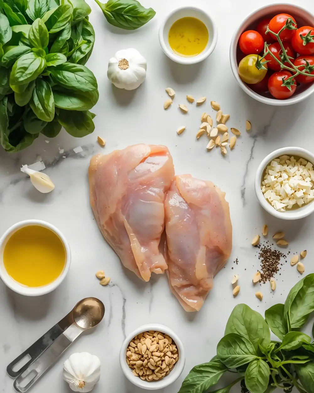 Ingredients for beautiful pesto baked chicken