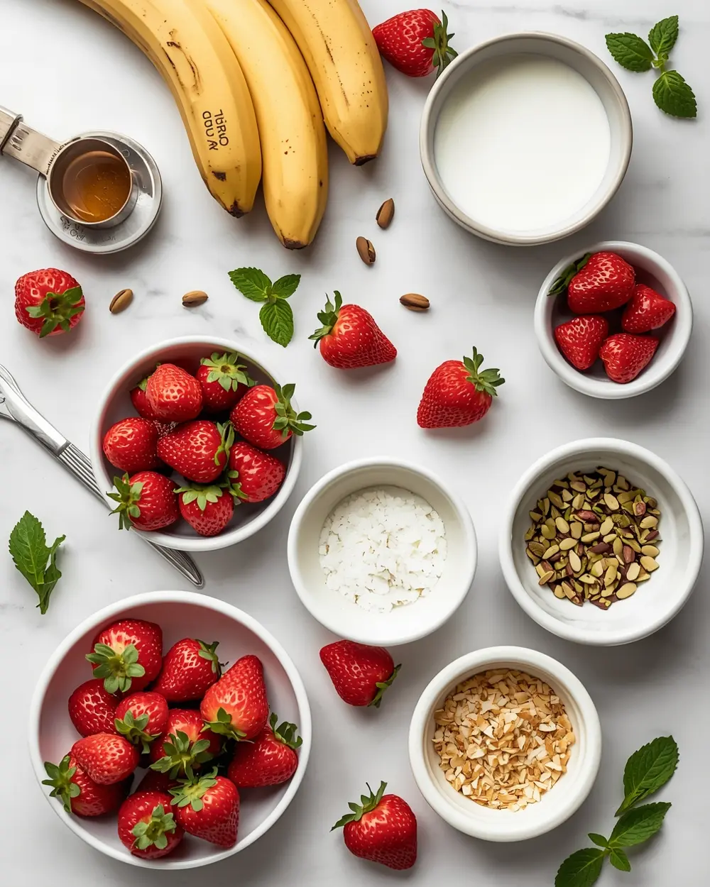 Ingredients for beautiful strawberry banana nice cream