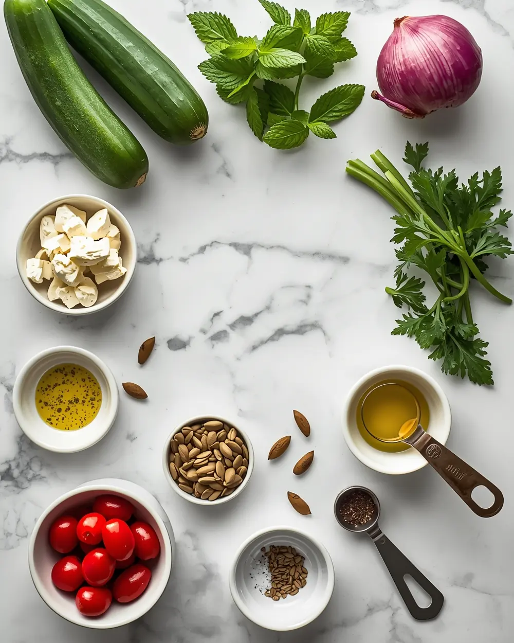 Ingredients for beautiful summer cucumber salad