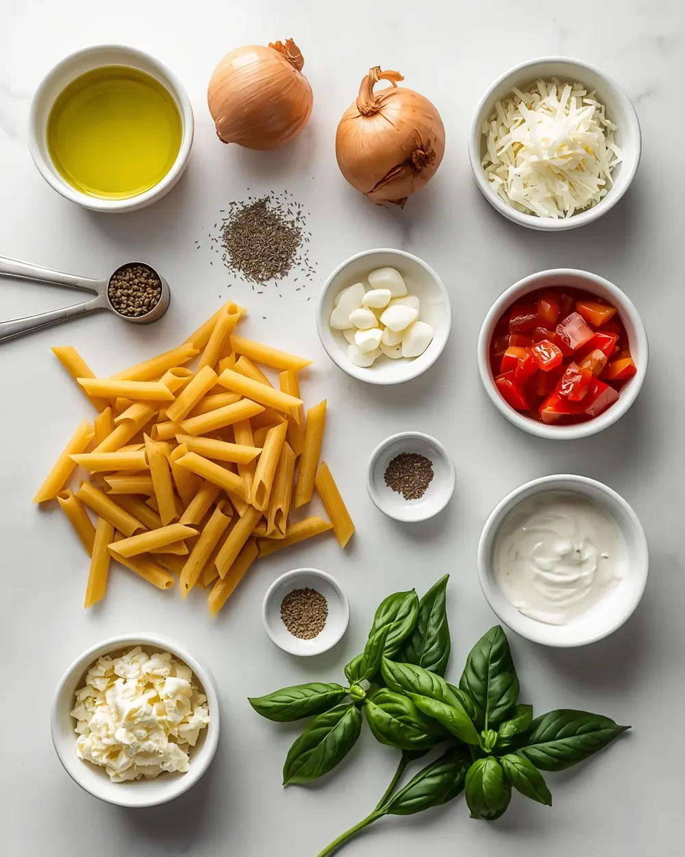 Ingredients for beautiful summer pasta tomato bake