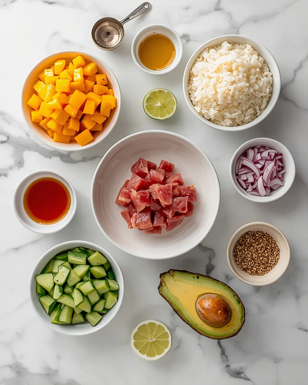 Ingredients for beautiful summer poke bowl elegant
