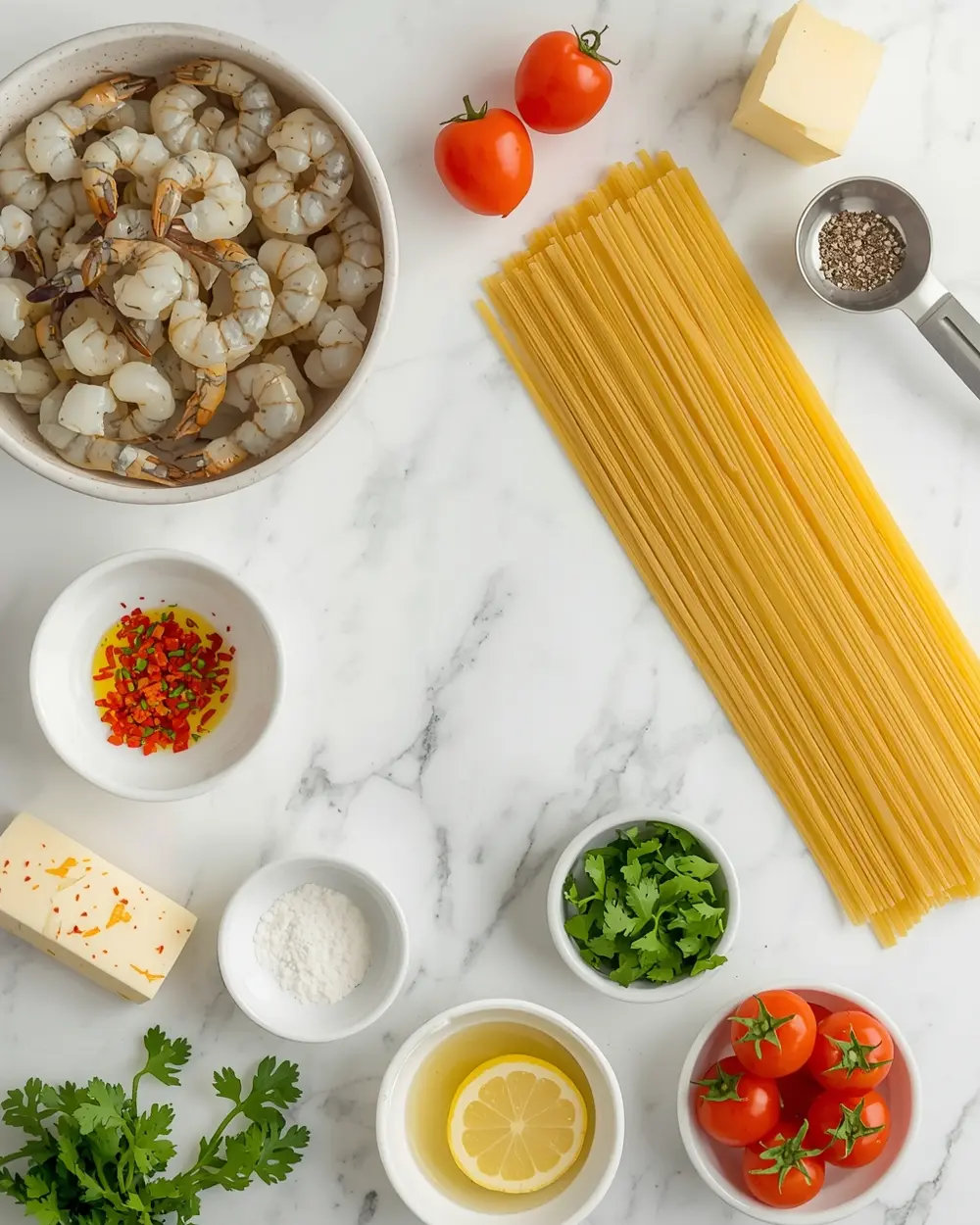 Ingredients for beautiful summer shrimp pasta