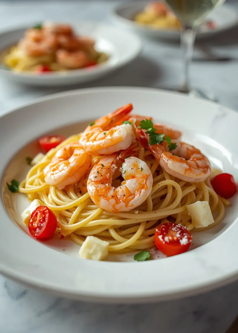 beautiful summer shrimp pasta ready to serve