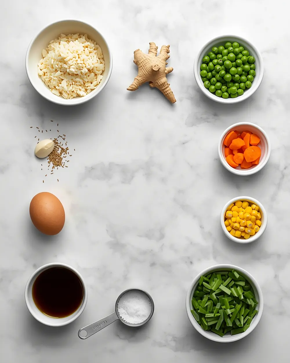 Ingredients for elegant 30 minute veggie fried rice