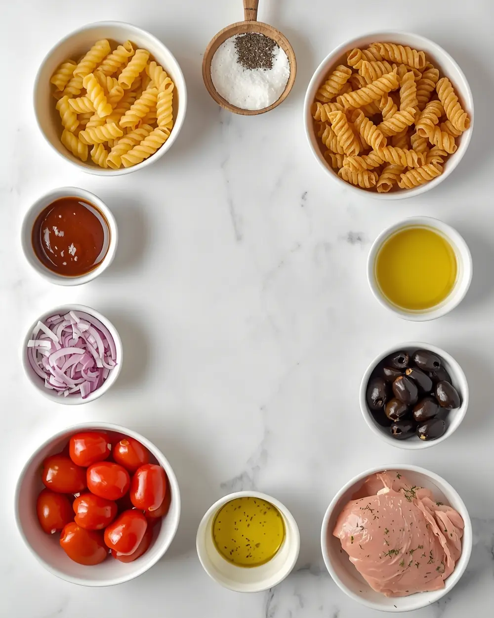 Ingredients for elegant BBQ pasta salad summer