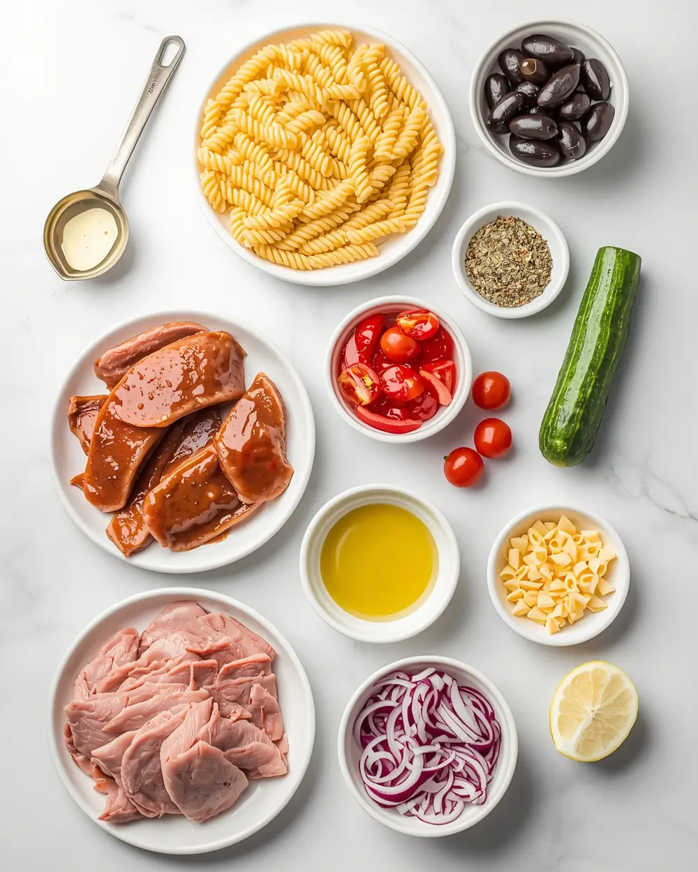 Ingredients for elegant BBQ pasta salad summer
