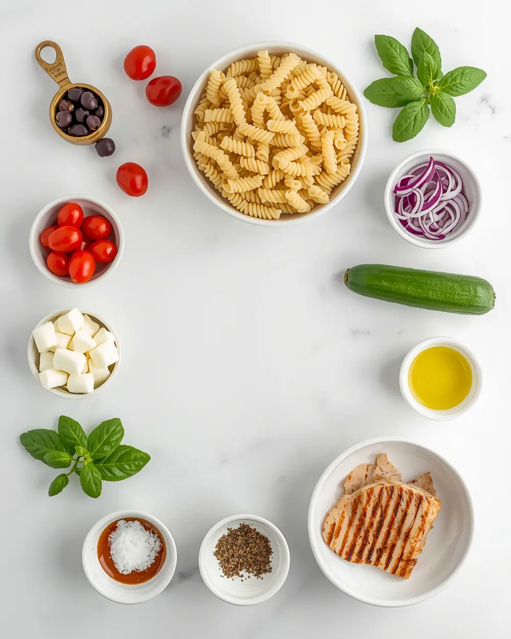 Ingredients for elegant Italian pasta salad summer